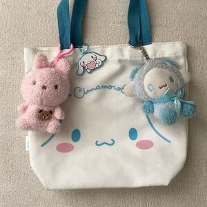 Sanrio Cinnamoroll Mini Tote Bag w/ Miniso Bear & Cinnamoroll Plush Keychains